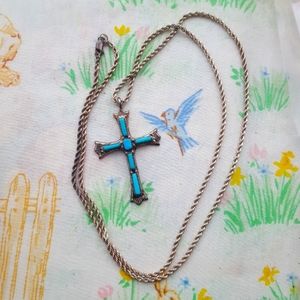 🤗🌙SIGNED Vintage Silver Zuni Turquoise Cross and Chain